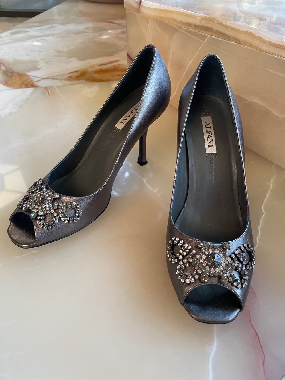 Alfani Pewter Peep-Toe Heels with Crystal Accents